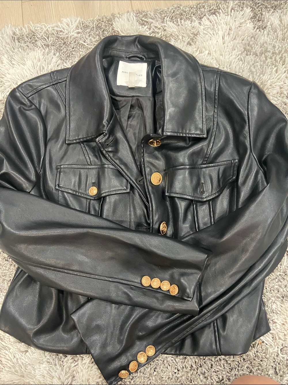 Avec Les Filles Black Faux Leather Jacket with Gold Buttons size XL - Picture 10 of 13